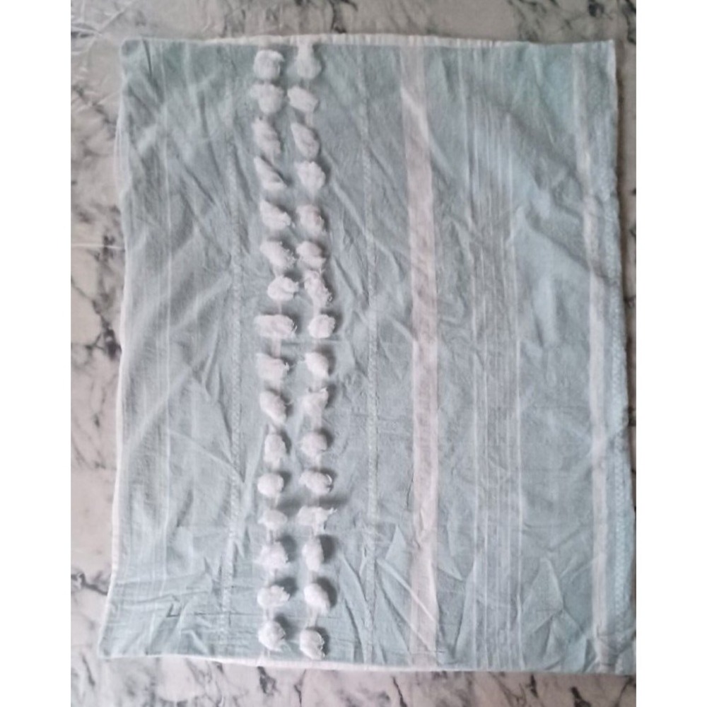 Joie Pillow 2 Shams Pom Poms Blue White Stripes Vtg MCM 100% Cotton Coastal Boho